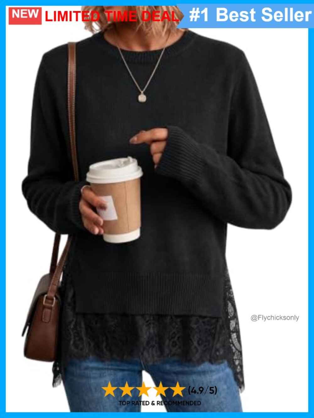 MINSURE Women Long Sleeve Knit Sweater Lace Spliced Hem Crew Neck